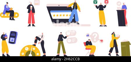 Online survey, people choosing answer or giving feedback. Characters making decision, rating, filling survey list vector illustration set. Customer Stock Vector