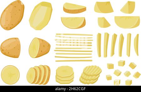 Cartoon sliced potatoes, chopped wedges and straws raw potato. Peeled potato root vegetable, sliced raw foods vector illustration set. Ready to cook Stock Vector