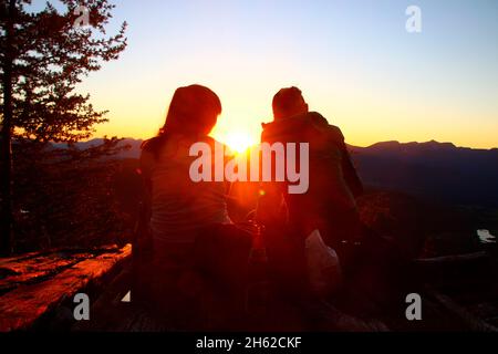 two young women,snack,drink,bottle of shilouette,rejoice in the backlight,sunset,photographed at the mittenwalder hut on the karwendel,mittenwald,upper bavaria,isar valley,bavaria,germany,europe, Stock Photo