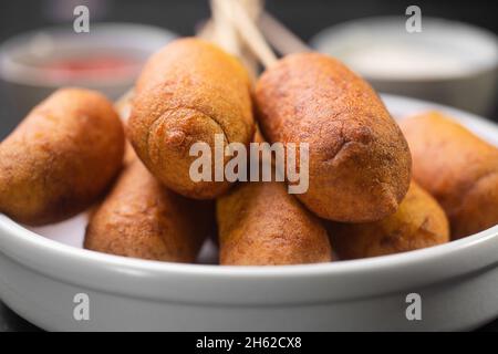 Corn dog cooked with sausage and wheat dough with the addition of corn flour Stock Photo