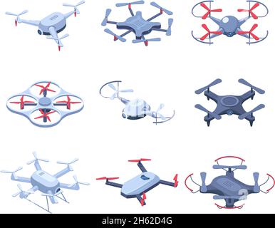 Isometric quadcopter, radio remote controlled flying drones. Unmanned aerial drone, electronic innovation flying helicopter vector illustration set Stock Vector