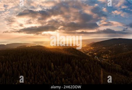 germany,thuringia,ilmenau,gehren,landscape,schobsetal; forest,valley,sun shines through the clouds in the morning,backlight,mountains,rennsteig surroundings Stock Photo