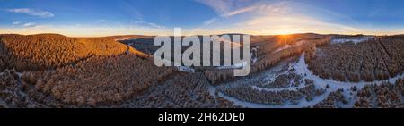 germany,thuringia,ilmenau,gehren,forest,mountains,stream,snow,rennsteig area,sunset,partly back light,360 –° panorama Stock Photo