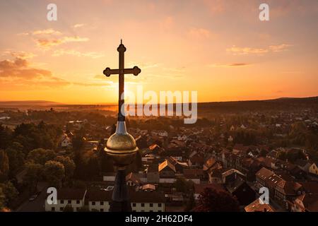 germany,thuringia,ilmenau,gehren,steeple,cross,streets,overview,sunrise Stock Photo