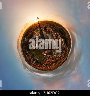 germany,thuringia,ilmenau,gehren,town,steeple,cross,overview,sunrise,spherical panorama Stock Photo