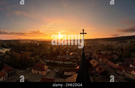 germany,thuringia,ilmenau,gehren,town,steeple,cross,streets,overview,sunrise Stock Photo