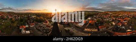 germany,thuringia,ilmenau,gehren,town,steeple,cross,overview,sunrise Stock Photo