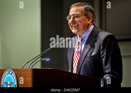 Secretary of Defense Leon E. Panetta makes remarks during a farewell ceremony in honor of Michele Flournoy, undersecretary of defense for policy, in the Pentagon Auditorium Monday, January 30, 2012. Stock Photo