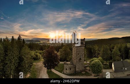 germany,thuringia,elgersburg,observation tower,forest,dawn,sunrise,back light Stock Photo
