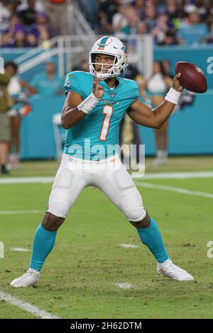 Thursday, November 11, 2021; Miami Gardens, FL USA; Miami Dolphins  quarterback Tua Tagovailoa (1) drops back to pass during an NFL game  against the Baltimore Ravens at Hard Rock Stadium. The Dolphins beat the  Ravens 22-10. (Kim Hukari/Image