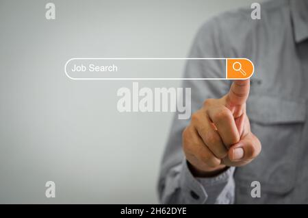 Business men clicking on the internet to search for jobs on computer touch screen,copy space.Searching for data information Concept. Stock Photo