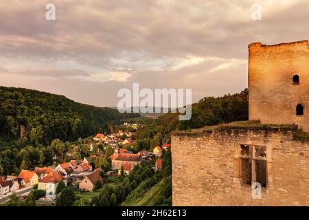 germany,thuringia,rural community geratal,liebenstein,liebenstein castle ruins,castle window,village,houses,street,valley,forest Stock Photo