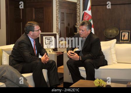 Deputy Secretary of Defense Ashton Carter meets with Jordan's King Abdullah II at the Royal Palace compound in Amman, Jordan, Feb. 5, 2013. Stock Photo