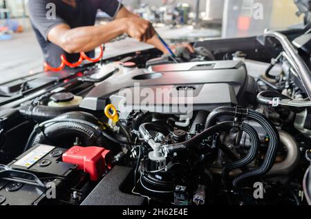 Car details - car engine mechanic, clean after washing the car engine Stock Photo