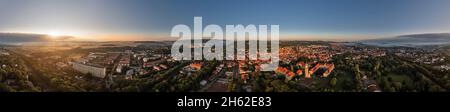 germany,thuringia,arnstadt,town,houses,streets,neideckturm,castle ruins,sunrise,overview,aerial view,360 –° panorama,partly back light Stock Photo