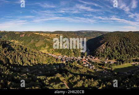 germany,thuringia,rural community schwarzatal,mellenbach-glasbach,houses,valley,mountains,forest,river Stock Photo