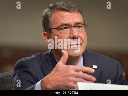 Secretary of Defense Ash Carter testifies before the Senate Armed Services Committee on behalf of the Iranian nuclear deal recently brokered by the Obama administration in Washington, July 29, 2015. Carter was joined by Secretary of State John Kerry, Chairman of the Joint Chiefs of Staff Gen. Martin Dempsey, U.S. Treasury Secretary Jack Lew and Energy Secretary Ernest Moniz. Stock Photo