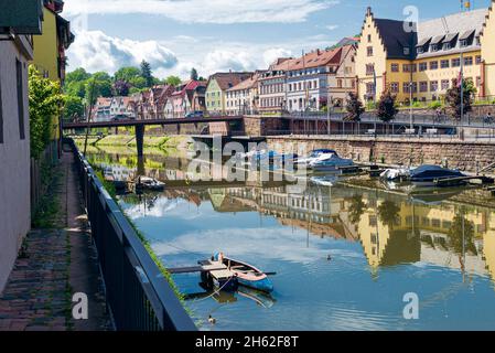 wertheim on the romantic road,colorful row of houses on the tauber and the harbor in wertheim Stock Photo