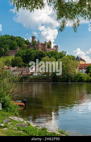 view from kreuzwertheim in bavaria over the main to wertheim castle in baden-wuerttemberg Stock Photo