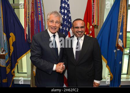 U.S. Secretary of Defense Chuck Hagel, left, meets with Prince Salman bin Hamad bin Isa Al Khalifa, the crown prince and first deputy prime minister of Bahrain, at the Pentagon in Arlington, Va., June 7, 2013.