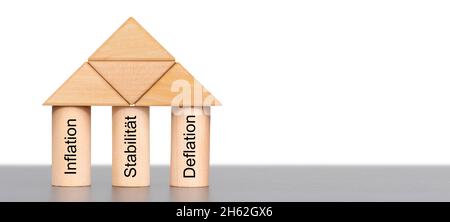 three pillars of the money economy with inflation,stability and deflation Stock Photo