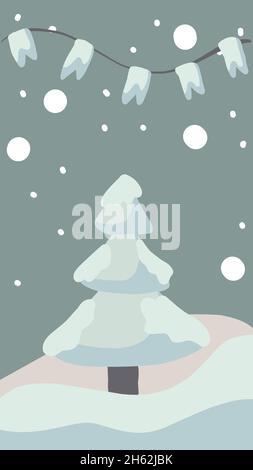 christmas greeting card cute hand drawn style and trendy matching pastel colors. christmas tree and snowman with gift box on snowdrift with garland an Stock Vector