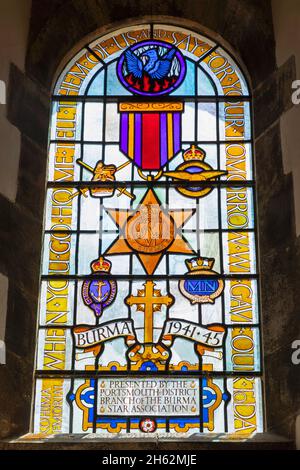 england,hampshire,portsmouth,portsmouth cathedral aka cathedral church of st.thomas of canterbury,stained glass window to the memory of the burma campaign during wwii Stock Photo