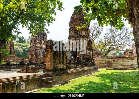 buddha statues,temple tower ruin,prang,wat mahathat,wat maha that,buddhist temple complex,built in 1374 below king borommaracha i,ayutthaya historical park,ayutthaya,thailand,asia Stock Photo