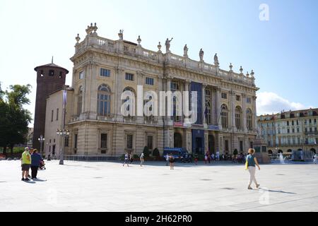 TURIN, ITALY - AUGUST 18, 2021: Palazzo Madama is a palace in Turin seat of the first Senate of the Kingdom of Italy Stock Photo