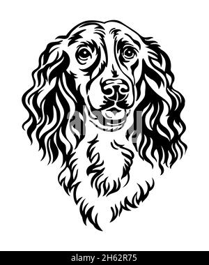 Spaniel dog black contour portrait. Dog head in front view vector illustration isolated on white. For decor, design, print, poster, postcard, sticker, Stock Vector