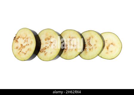 fresh and raw sliced purple eggplant isolated on white background, organic vegetables, creative concept, healthy food Stock Photo