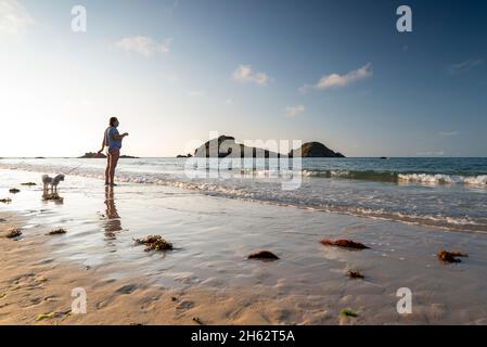 france,brittany,saint-coulomb,woman with dog,plage des chevrets,atlantic coast Stock Photo