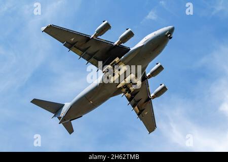 Papa, Hungary - May 10, 2021: Military transport plane at air base. Air force flight operation. Aviation and aircraft. Air lift. Military industry. Fl Stock Photo