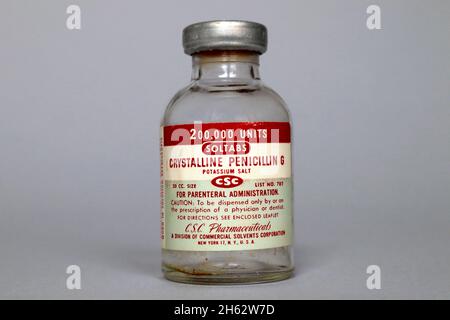 Vintage 1951 Vial of PENICILLIN G Produced by CSC Pharmaceuticals - New York Stock Photo