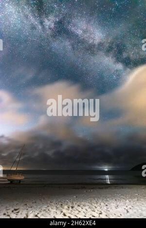 Milky way over sea and sandy beach. Stock Photo