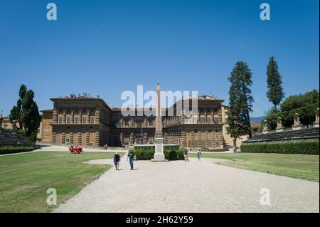 the boboli gardens park (giardino di boboli),fountain of neptune and a distant view on the palazzo pitti,in english sometimes called the pitti palace,in florence,italy. popular tourist attraction and destination. Stock Photo
