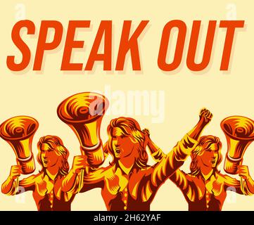 Speak Out Women's Protesting with Holding Mic Illustration banner. Modern Women rights concept backdrop with powerful graphics Stock Photo