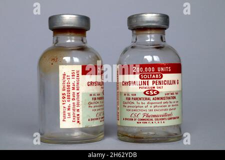 Vintage 1951 Vial of PENICILLIN G Produced by CSC Pharmaceuticals - New York Stock Photo