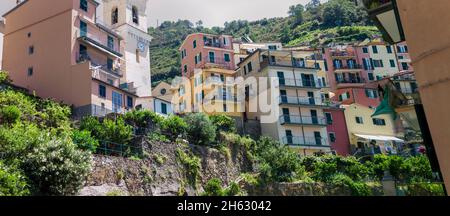 beautiful view of manarola town. is one of five famous colorful villages of cinque terre national park in italy,suspended between sea and land on sheer cliffs. liguria region of italy. Stock Photo