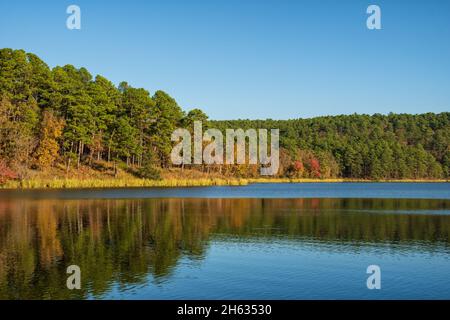 Fall colors reflecting on Cedar Lake in Oklahoma against clear blue November sky Stock Photo