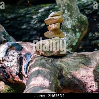 Close-up shot of a balanced cairn on a fallen tree trunk Stock Photo