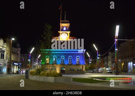 Colour, night time image of the stunningly illuminated, historic Stockton Town Hall, High Street, Stockton-on-Tees, UK. Stock Photo