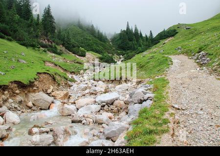 mudslide on the way to the wang alm,spilled,blocked,europe,austria,tyrol,leutasch,leutasch valley,gaistal,brook,brook course, Stock Photo