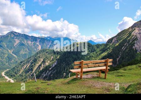 view from plumsjoch (1650m) towards gernalm,feilalm,achensee,in the karwendel mountains,rissbachtal,tyrol,austria,europe,alm,eng-alm in the foreground the path to the alpine hut. Stock Photo