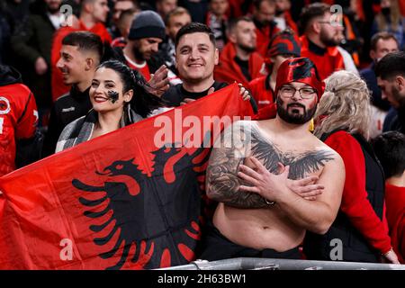 London, UK. 12th Nov, 2021. Albania fans before the FIFA World Cup 2022 Qualifying Group I match between England and Albania at Wembley Stadium on November 12th 2021 in London, England. (Photo by Daniel Chesterton/phcimages.com) Credit: PHC Images/Alamy Live News Stock Photo