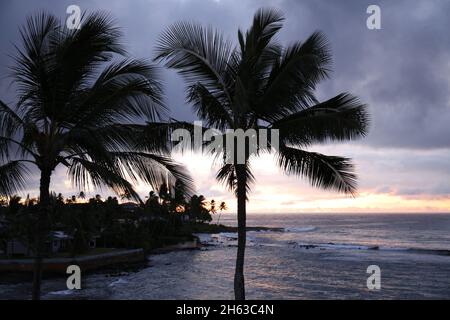 Palm trees silhouetted by the sun rising on a cloudy morning over a Hawaiian neighborhood and Hoai Bay in Koloa, Hawaii Stock Photo