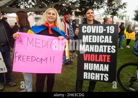 World Wide Walkout protest against forced vaccination. People holding signs for bodily autonomy in Santa Monica at Palisades Park, California, United Stock Photo