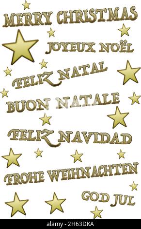 Merry Christmas in English and European languages, vector illustration on white background Stock Vector