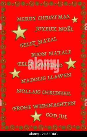Merry Christmas in different  languages, vector illustration on red background Stock Vector