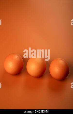 chicken egg on a beige background. Three brown eggs. Easter minimalistic concept. Stock Photo